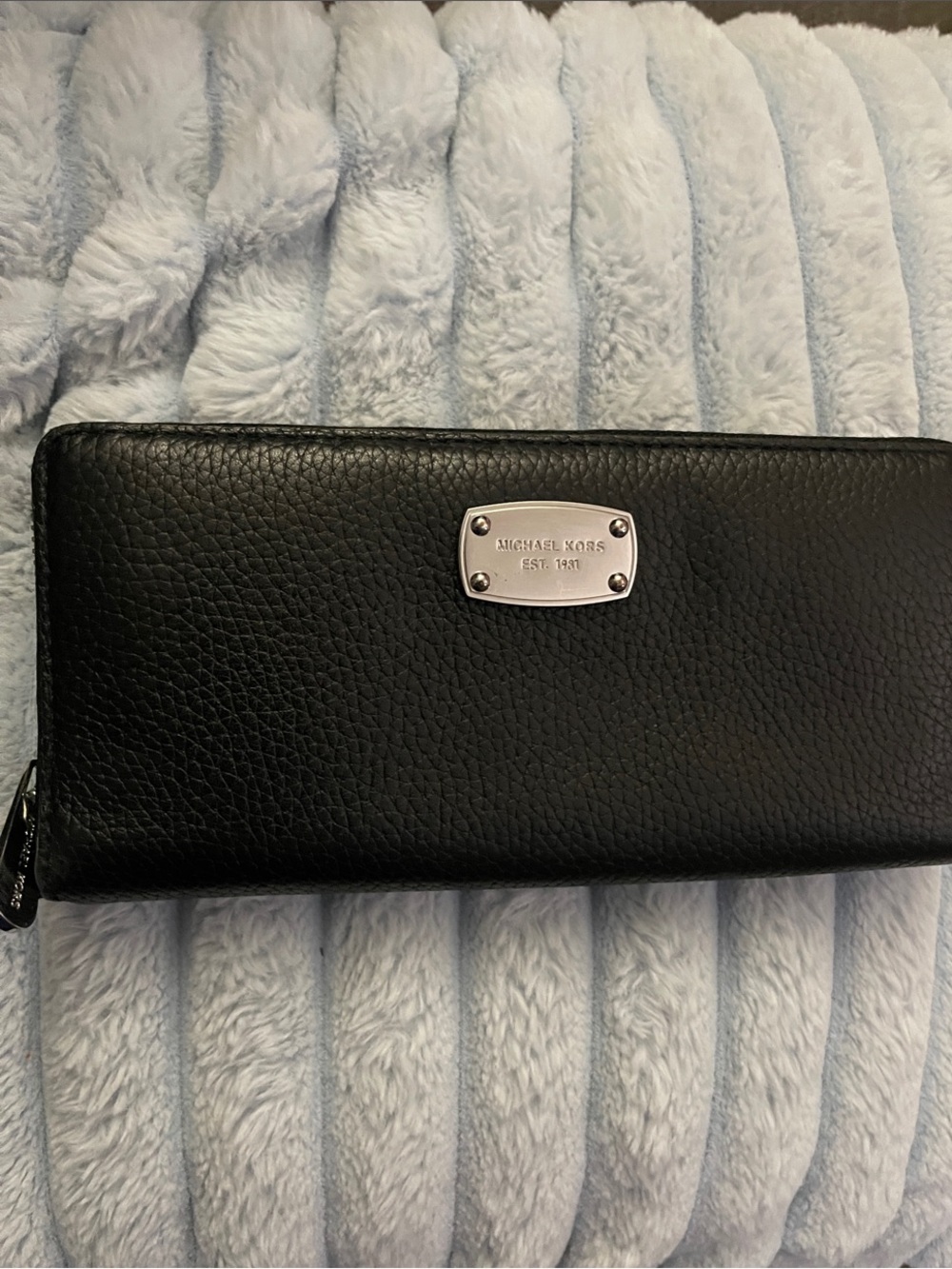 Michael Kors Black Pebbled Leather Zip-Around Wallet with Silver Plaque